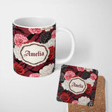 Personalized Custom Name Red Black White Floral Roses Peonies Seamless Pattern Bold Elegant 11oz Ceramic Coffee Tea Mug White Large Handle