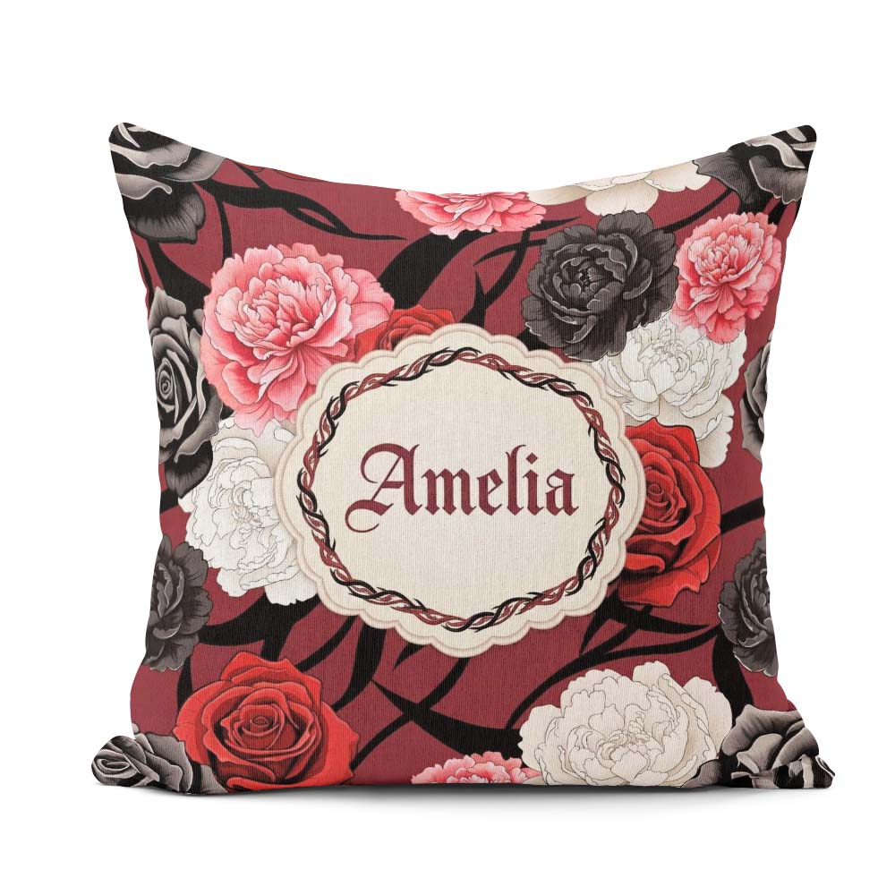 Custom Name Red Black White Floral Peonies Seamless Pattern Bold Square Filled Cushion Throw Pillow Sofa Bed Home Decor Zip Washable UK Made