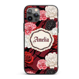 Red Black White Floral Roses Peonies Seamless Custom Name Protective Phone Case Mobile Cover Durable Everyday Smartphone Shock Resistant