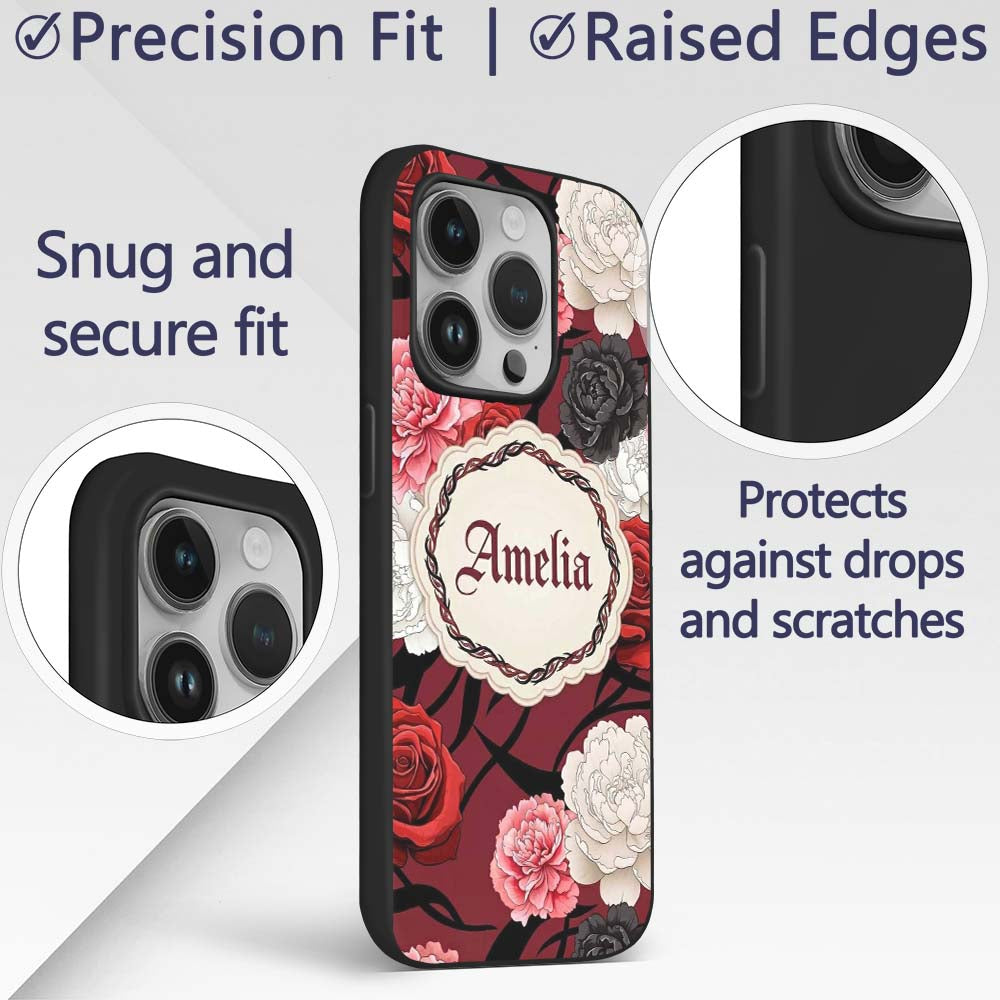 Red Black White Floral Roses Peonies Seamless Custom Name Protective Phone Case Mobile Cover Durable Everyday Smartphone Shock Resistant