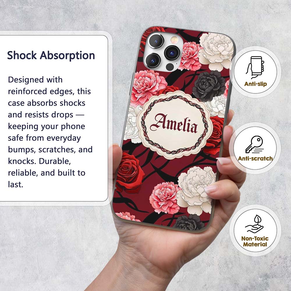 Red Black White Floral Roses Peonies Seamless Custom Name Protective Phone Case Mobile Cover Durable Everyday Smartphone Shock Resistant