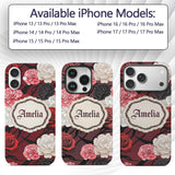 Red Black White Floral Roses Peonies Seamless Custom Name Protective Phone Case Mobile Cover Durable Everyday Smartphone Shock Resistant