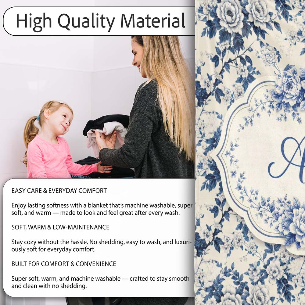 Classic Blue White Toile Floral Seamless Pattern Cute Unique Gift  Personalised Custom Name Super Soft Fleece Blanket Bed Sofa Throw