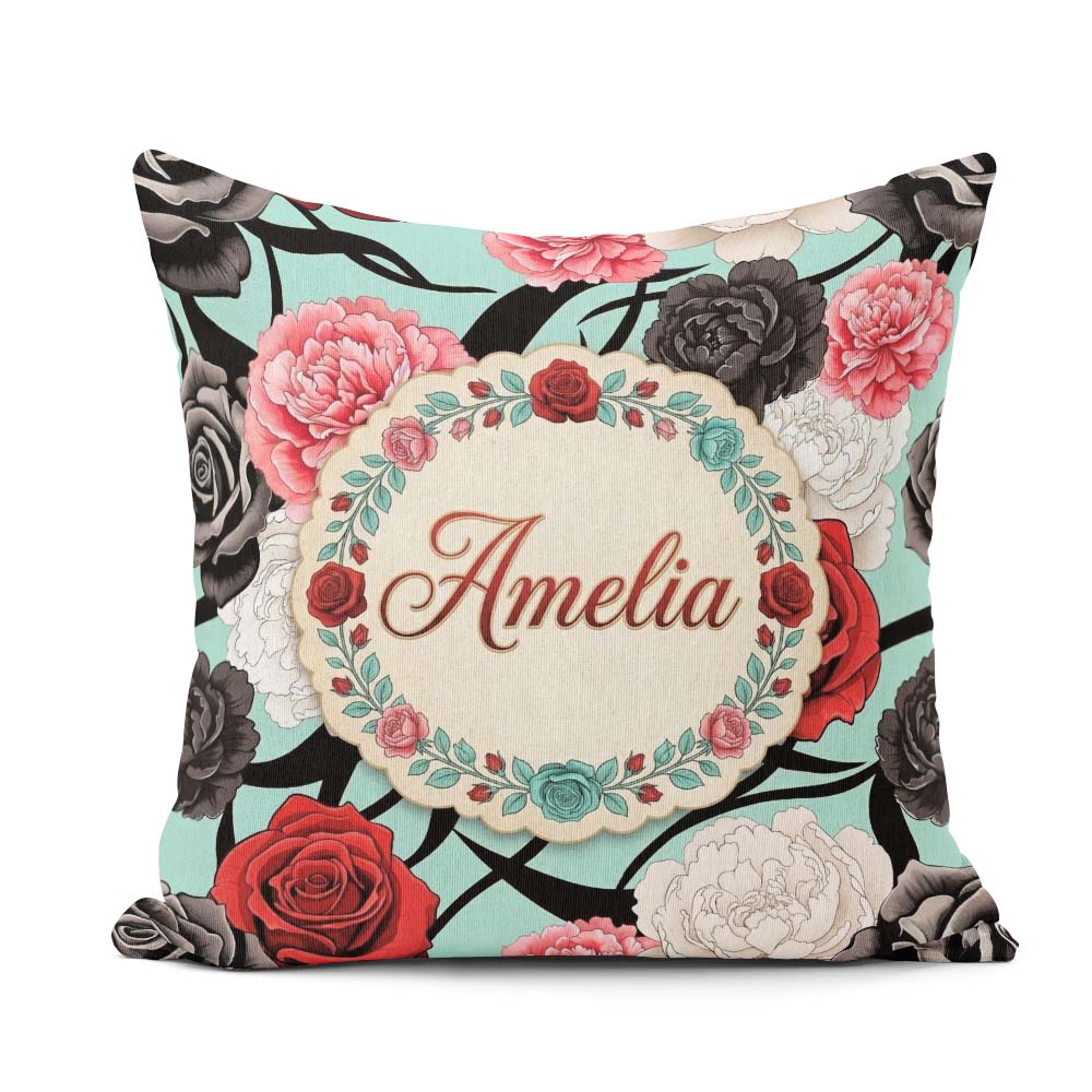 Custom Name Mint Green Background Red Black White Roses Seamless Square Filled Cushion Throw Pillow Sofa Bed Home Decor Zip Washable UK Made