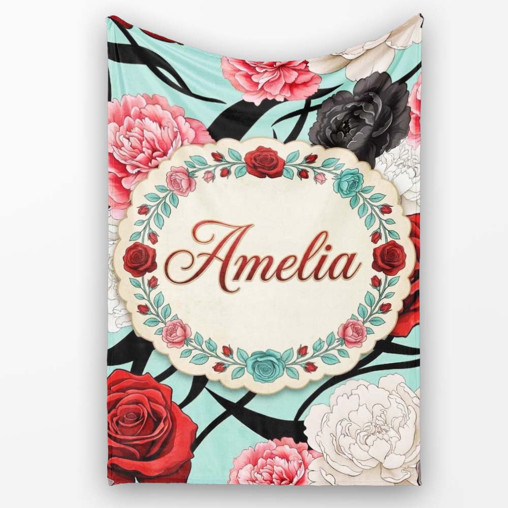 Mint Green Background Red Black White Roses Peonies Seamless Floral  Personalised Custom Name Super Soft Fleece Blanket Bed Sofa Throw