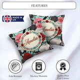 Custom Name Mint Green Background Red Black White Roses Seamless Square Filled Cushion Throw Pillow Sofa Bed Home Decor Zip Washable UK Made
