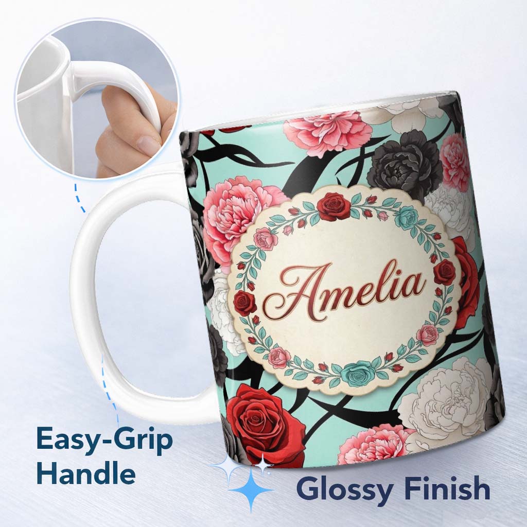 Personalized Custom Name Mint Green Background Red Black White Roses Peonies Seamless Floral 11oz Ceramic Coffee Tea Mug White Large Handle
