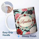 Personalized Custom Name Mint Green Background Red Black White Roses Peonies Seamless Floral 11oz Ceramic Coffee Tea Mug White Large Handle