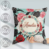 Custom Name Mint Green Background Red Black White Roses Seamless Square Filled Cushion Throw Pillow Sofa Bed Home Decor Zip Washable UK Made
