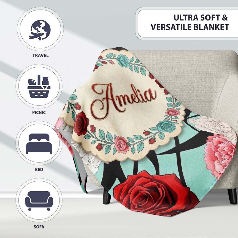 Mint Green Background Red Black White Roses Peonies Seamless Floral  Personalised Custom Name Super Soft Fleece Blanket Bed Sofa Throw