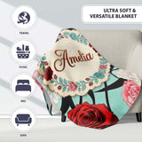 Mint Green Background Red Black White Roses Peonies Seamless Floral  Personalised Custom Name Super Soft Fleece Blanket Bed Sofa Throw