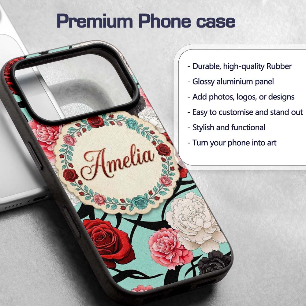 Mint Green Background Red Black Printed Design Custom Name Protective Phone Case Mobile Cover Durable Everyday Smartphone Shock Resistant