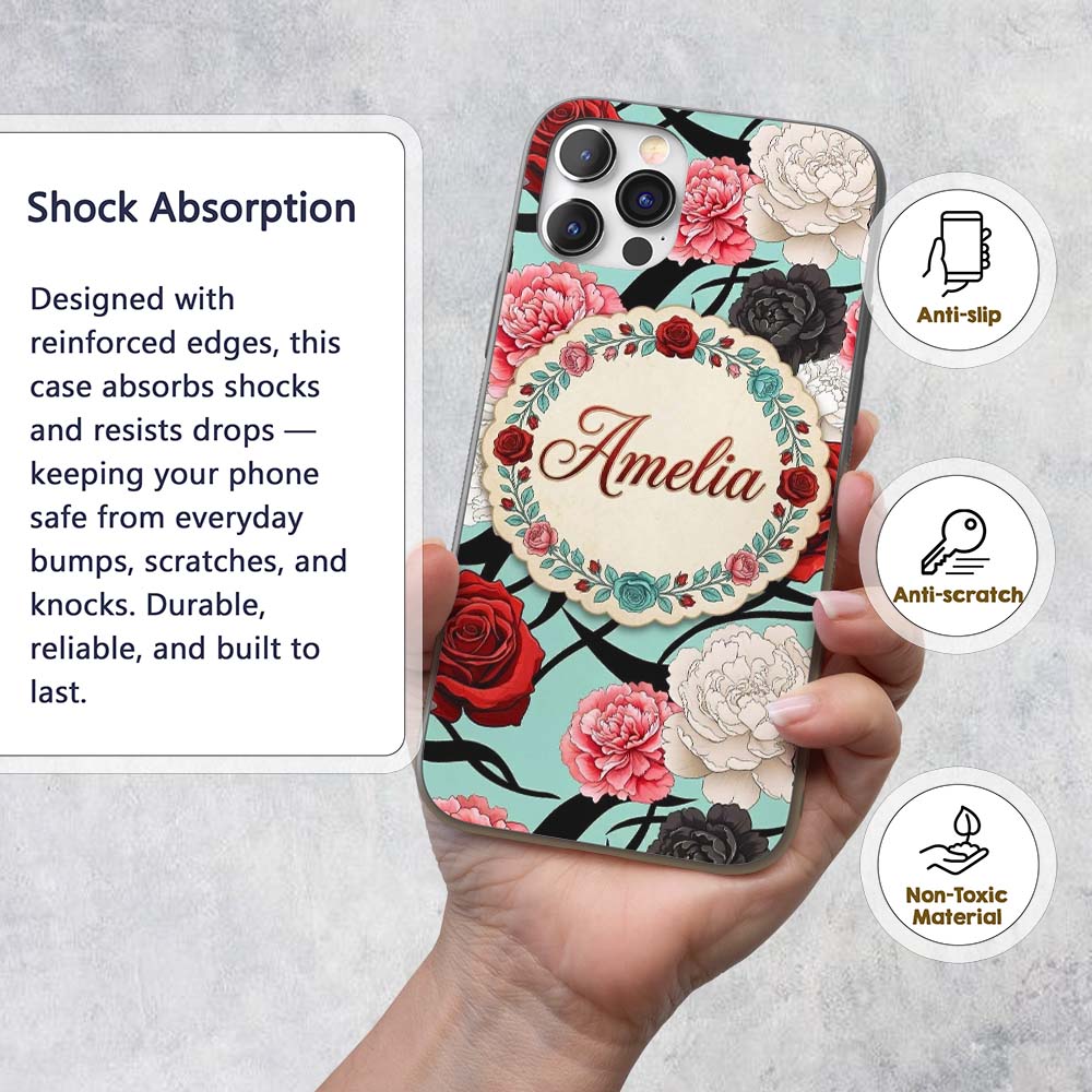 Mint Green Background Red Black Printed Design Custom Name Protective Phone Case Mobile Cover Durable Everyday Smartphone Shock Resistant