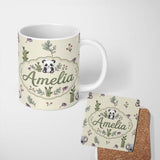Personalized Custom Name Panda Bamboo and Floral Minimal on Neutral Beige Background Lovely 11oz Ceramic Coffee Tea Mug White Large Handle