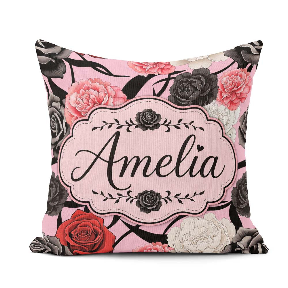 Custom Name Soft Background Red Black White Roses Peonies Floral Square Filled Cushion Throw Pillow Sofa Bed Home Decor Zip Washable UK Made