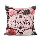 Custom Name Soft Background Red Black White Roses Peonies Floral Square Filled Cushion Throw Pillow Sofa Bed Home Decor Zip Washable UK Made