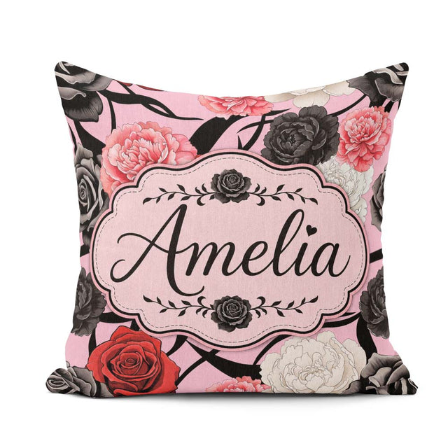 Custom Name Soft Background Red Black White Roses Peonies Floral Square Filled Cushion Throw Pillow Sofa Bed Home Decor Zip Washable UK Made