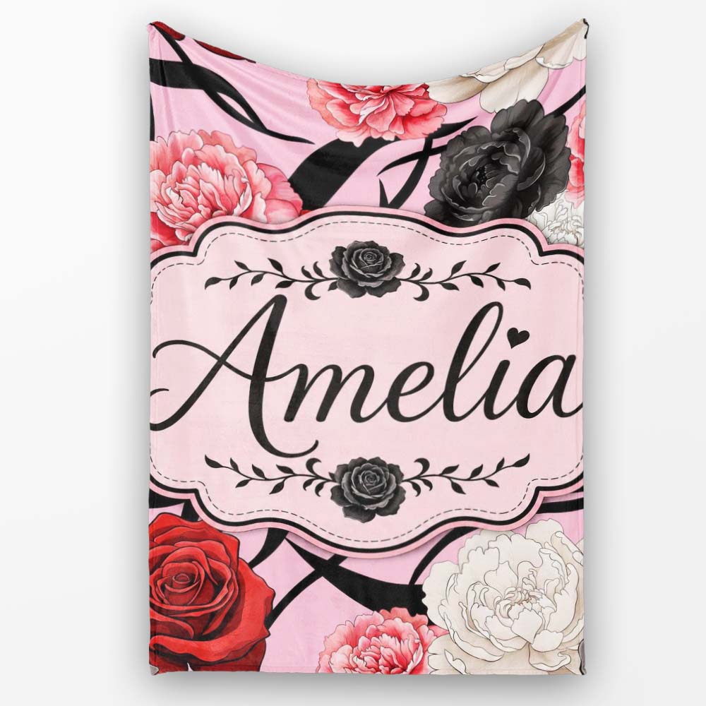 Soft Pink Background Red Black White Roses Peonies Seamless Floral  Personalised Custom Name Super Soft Fleece Blanket Bed Sofa Throw
