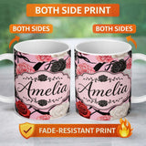 Personalized Custom Name Soft Pink Background Red Black White Roses Peonies Seamless Floral 11oz Ceramic Coffee Tea Mug White Large Handle