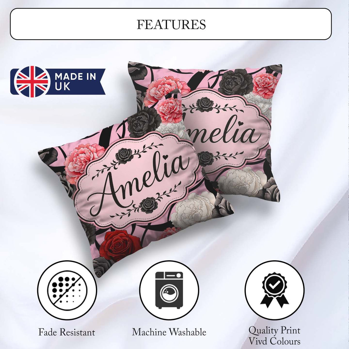 Custom Name Soft Background Red Black White Roses Peonies Floral Square Filled Cushion Throw Pillow Sofa Bed Home Decor Zip Washable UK Made