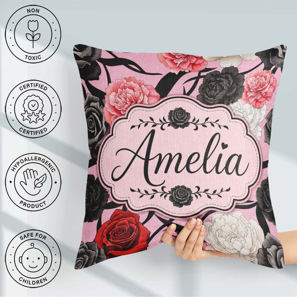 Custom Name Soft Background Red Black White Roses Peonies Floral Square Filled Cushion Throw Pillow Sofa Bed Home Decor Zip Washable UK Made