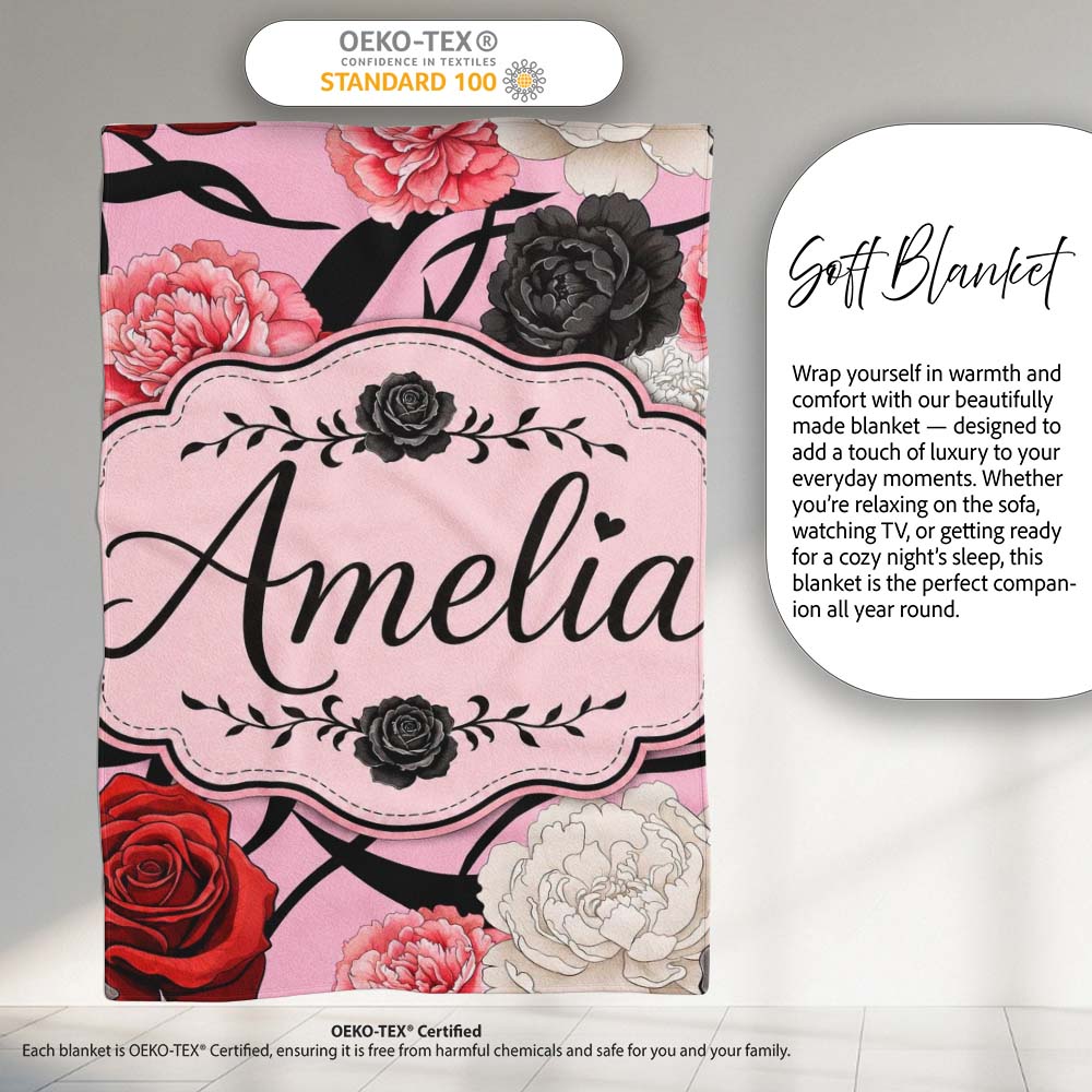 Soft Pink Background Red Black White Roses Peonies Seamless Floral  Personalised Custom Name Super Soft Fleece Blanket Bed Sofa Throw
