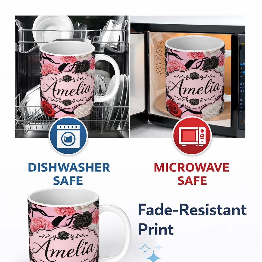 Personalized Custom Name Soft Pink Background Red Black White Roses Peonies Seamless Floral 11oz Ceramic Coffee Tea Mug White Large Handle