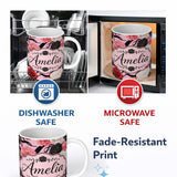 Personalized Custom Name Soft Pink Background Red Black White Roses Peonies Seamless Floral 11oz Ceramic Coffee Tea Mug White Large Handle