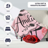 Soft Pink Background Red Black White Roses Peonies Seamless Floral  Personalised Custom Name Super Soft Fleece Blanket Bed Sofa Throw