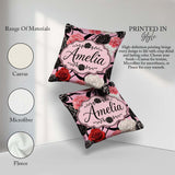 Custom Name Soft Background Red Black White Roses Peonies Floral Square Filled Cushion Throw Pillow Sofa Bed Home Decor Zip Washable UK Made