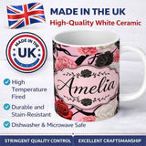 Personalized Custom Name Soft Pink Background Red Black White Roses Peonies Seamless Floral 11oz Ceramic Coffee Tea Mug White Large Handle