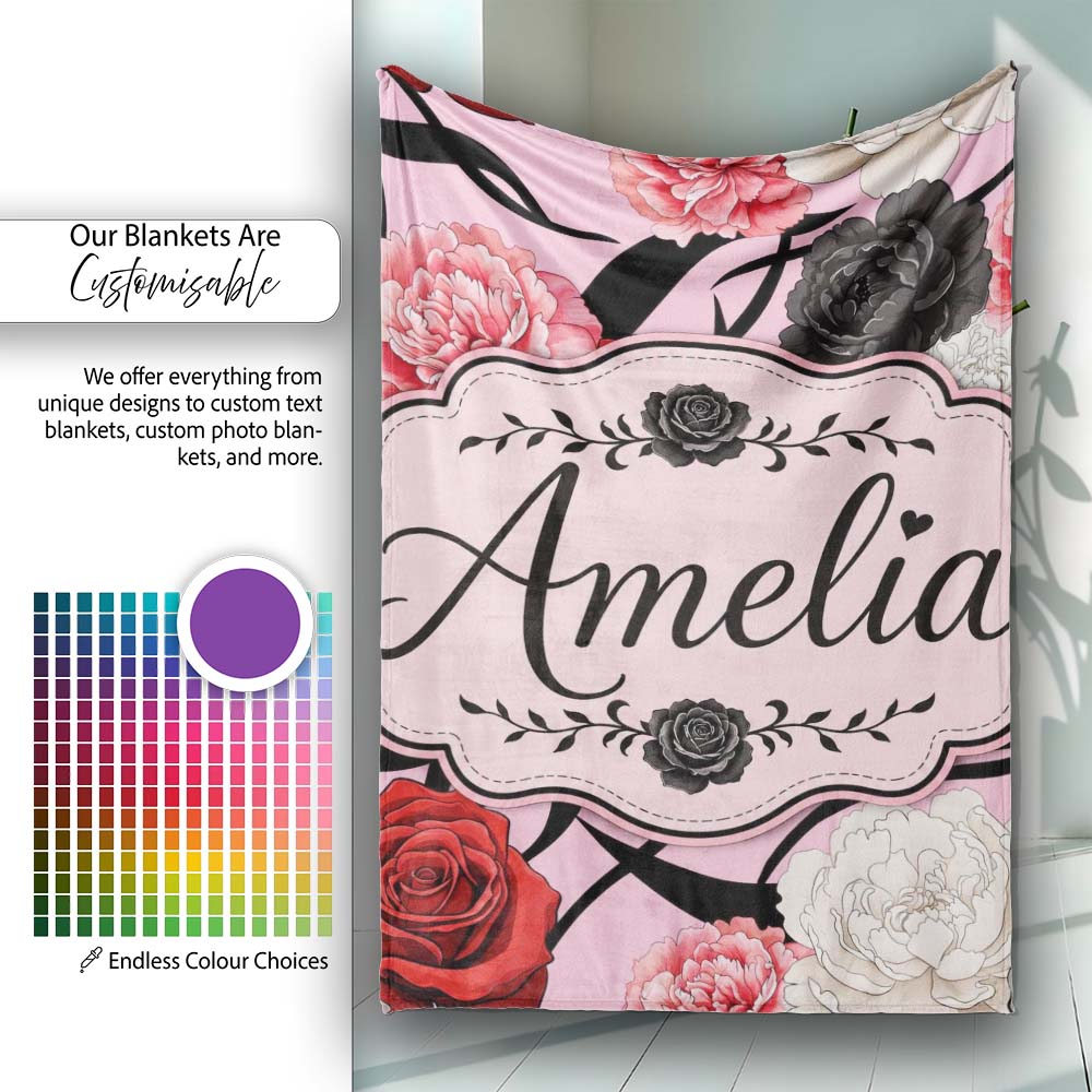 Soft Pink Background Red Black White Roses Peonies Seamless Floral  Personalised Custom Name Super Soft Fleece Blanket Bed Sofa Throw