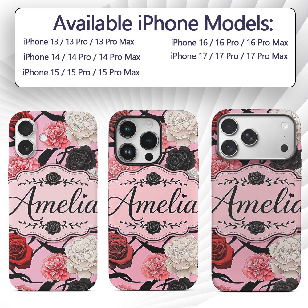 Soft Pink Background Red Black Printed Design Custom Name Protective Phone Case Mobile Cover Durable Everyday Smartphone Shock Resistant