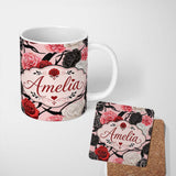 Personalized Custom Name Light Pink Background Red Black White Roses Peonies Seamless Floral 11oz Ceramic Coffee Tea Mug White Large Handle