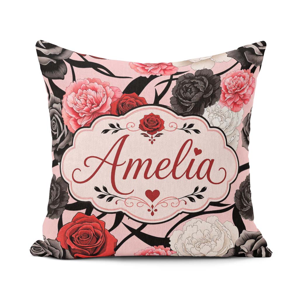 Custom Name Light Pink Background Red Black White Roses Seamless Square Filled Cushion Throw Pillow Sofa Bed Home Decor Zip Washable UK Made