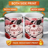 Personalized Custom Name Light Pink Background Red Black White Roses Peonies Seamless Floral 11oz Ceramic Coffee Tea Mug White Large Handle
