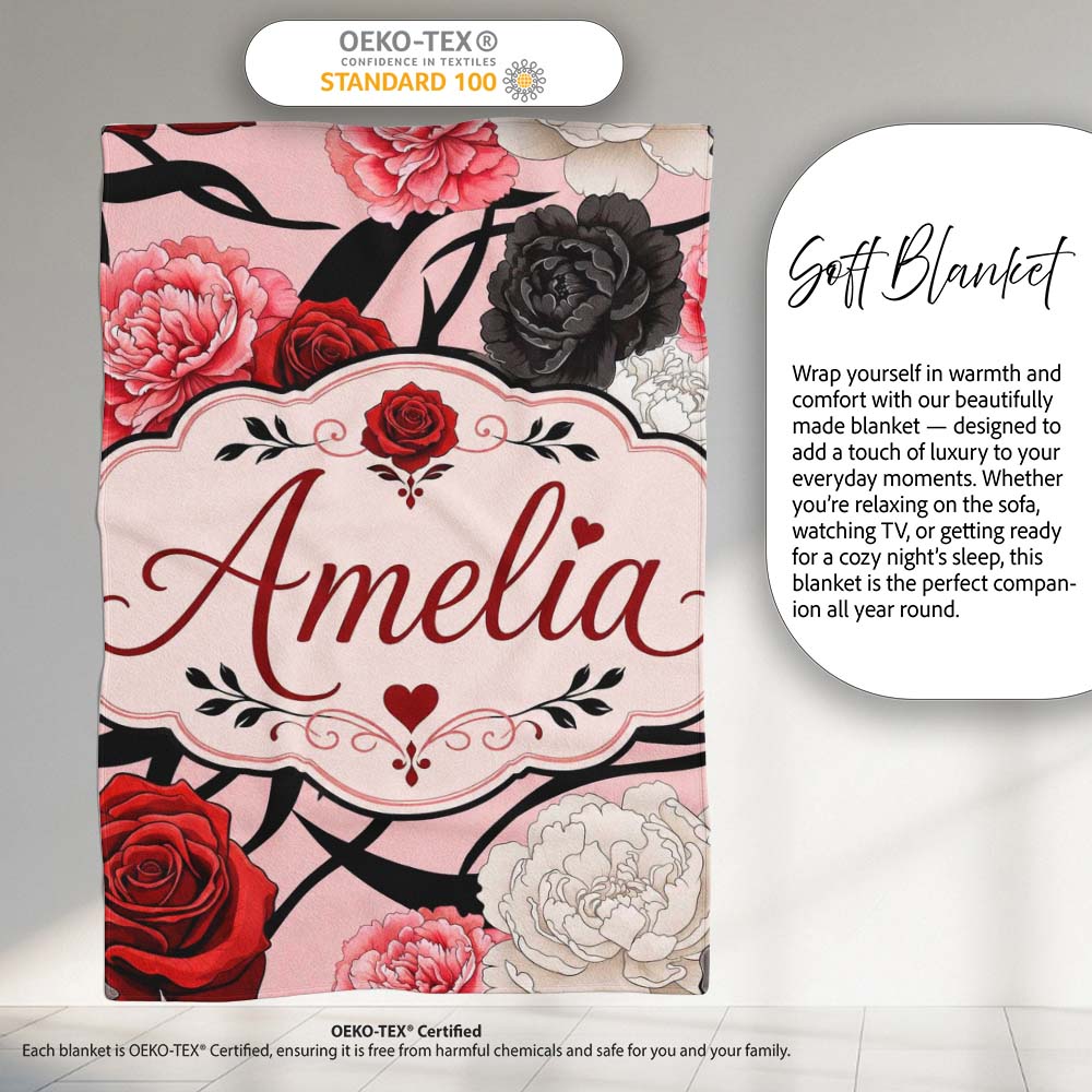 Light Pink Background Red Black White Roses Peonies Seamless Floral  Personalised Custom Name Super Soft Fleece Blanket Bed Sofa Throw