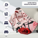 Light Pink Background Red Black White Roses Peonies Seamless Floral  Personalised Custom Name Super Soft Fleece Blanket Bed Sofa Throw