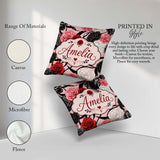 Custom Name Light Pink Background Red Black White Roses Seamless Square Filled Cushion Throw Pillow Sofa Bed Home Decor Zip Washable UK Made