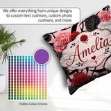 Custom Name Light Pink Background Red Black White Roses Seamless Square Filled Cushion Throw Pillow Sofa Bed Home Decor Zip Washable UK Made