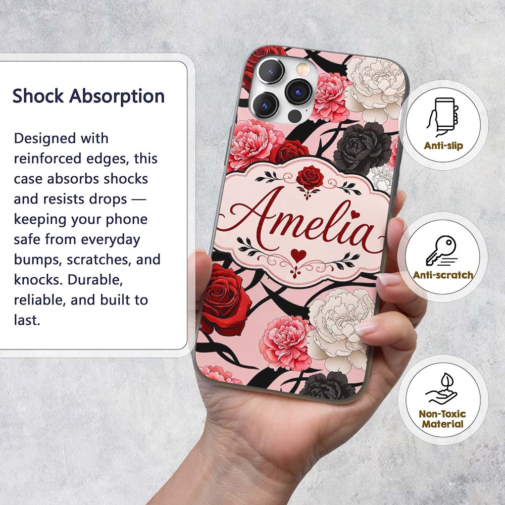 Light Pink Background Red Black Printed Design Custom Name Protective Phone Case Mobile Cover Durable Everyday Smartphone Shock Resistant