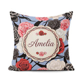 Custom Name Blue Background Red Black White Roses Peonies Floral Square Filled Cushion Throw Pillow Sofa Bed Home Decor Zip Washable UK Made