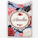 Blue Grey Background Red Black White Roses Peonies Seamless Floral  Personalised Custom Name Super Soft Fleece Blanket Bed Sofa Throw
