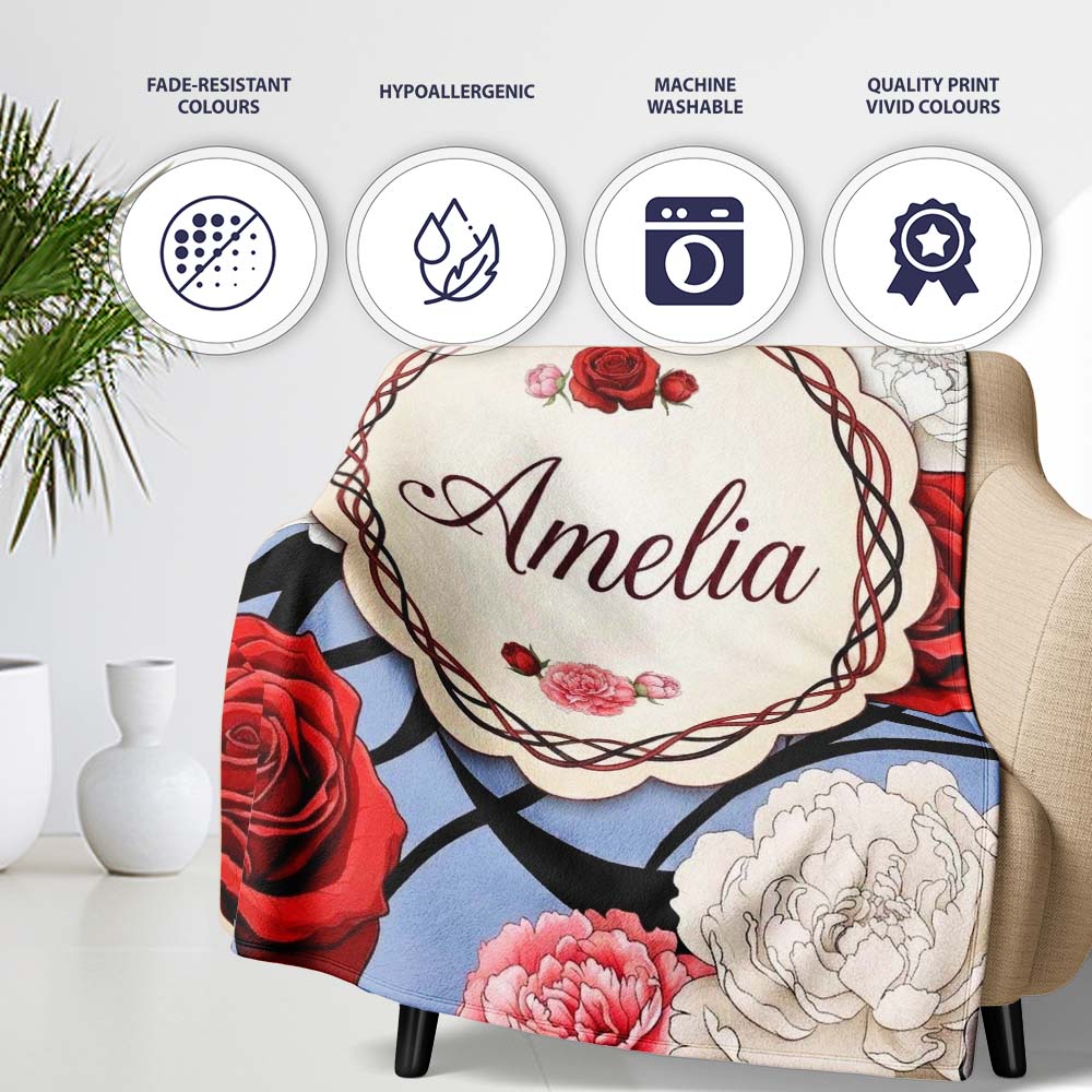 Blue Grey Background Red Black White Roses Peonies Seamless Floral  Personalised Custom Name Super Soft Fleece Blanket Bed Sofa Throw