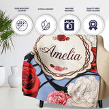 Blue Grey Background Red Black White Roses Peonies Seamless Floral  Personalised Custom Name Super Soft Fleece Blanket Bed Sofa Throw