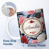 Personalized Custom Name Blue Grey Background Red Black White Roses Peonies Seamless Floral 11oz Ceramic Coffee Tea Mug White Large Handle