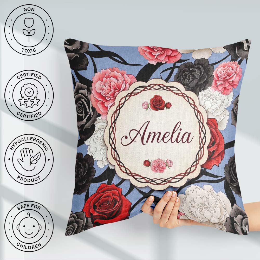 Custom Name Blue Background Red Black White Roses Peonies Floral Square Filled Cushion Throw Pillow Sofa Bed Home Decor Zip Washable UK Made