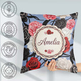 Custom Name Blue Background Red Black White Roses Peonies Floral Square Filled Cushion Throw Pillow Sofa Bed Home Decor Zip Washable UK Made