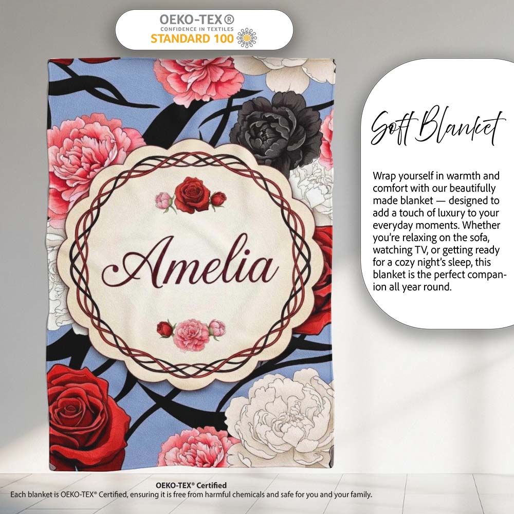 Blue Grey Background Red Black White Roses Peonies Seamless Floral  Personalised Custom Name Super Soft Fleece Blanket Bed Sofa Throw