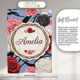 Blue Grey Background Red Black White Roses Peonies Seamless Floral  Personalised Custom Name Super Soft Fleece Blanket Bed Sofa Throw